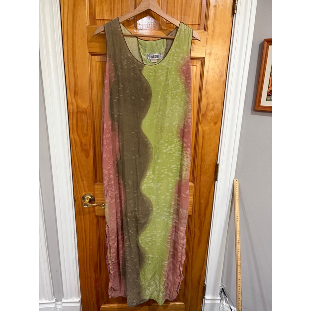 Paul Sisti Hand Painted Silk Abstract Maxi Dress Art Print Sheer Side Slit Flaw